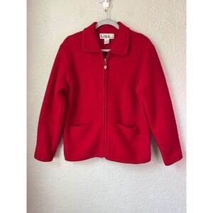 Lisa International Red Boiled Wool Full Zip Jacket Collared Size Medium Vintage